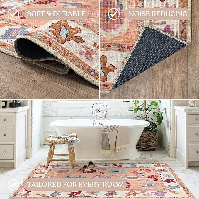 Fame Living Orange Oushak Runner Rug, Modern Runners, Vintage, Turkish, Eclectic, Floral, Pastel, Washable, Runner for Hallway, Kitchen, Bedroom, Bathroom, 2'5"x9'8"