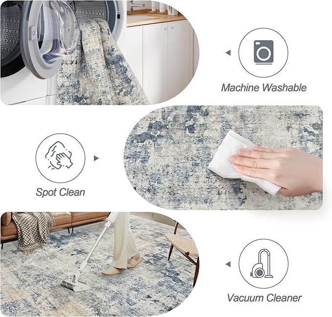 Abstract Rug 5x7 Machine Washable Area Indoor Blue Yellow Low Pile Non-Slip Foldable Thin Accent Rugs for Bedroom Living Room Dining Room