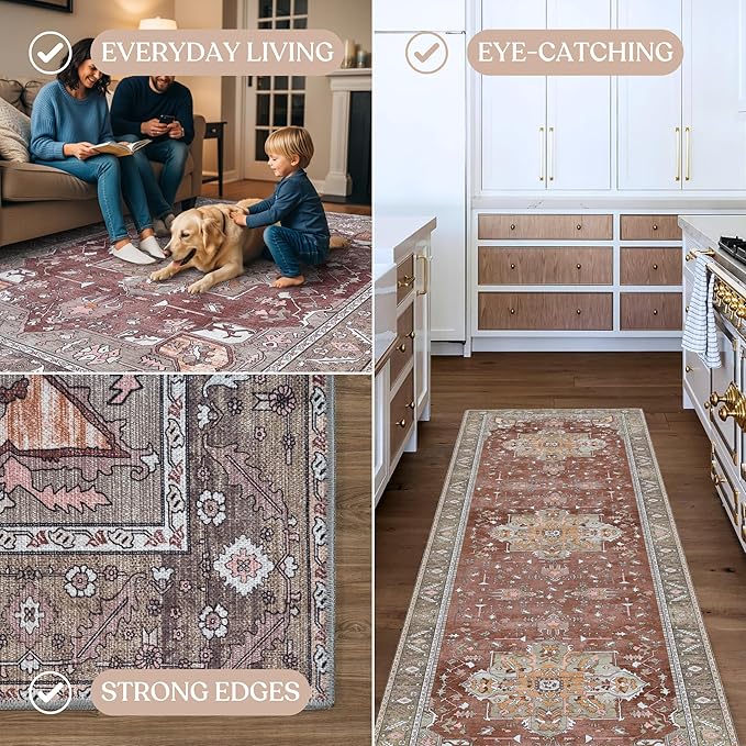 Washable Area Rug. Modern Farmhouse. Vintage. Turkish. Bohemian. Distressed. Oriental. Traditional. Rugs for Living Room. Dining. Bedroom. Office. Entryway. Foyer. (857RB, 2'5 x 9'8)