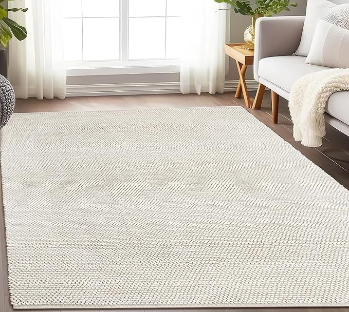 Handwoven Wool Cotton Blend Area Rug 6x9', Textured Popcorn Braided Ivory Rug, Soft Thick Farmhouse Contemporary Living Room Carpet, Neutral Modern Decorative Floor Rug
