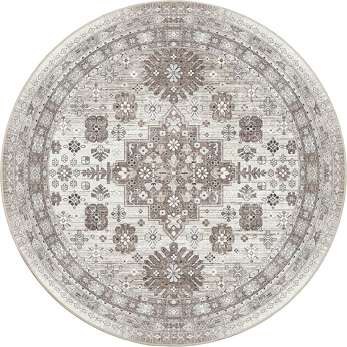 zesthome 8ft Round Rugs for Living Room, Non-Slip Washable Round Area Rugs, Ultra-Thin Large Circle Rugs, Soft Low Pile Rug for Bedroom, Kitchen - Vintage Stain Resistant Round Rug (Brown/Beige,8'x8')