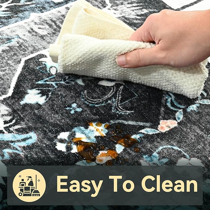 YJ.GWL Area Rugs for Living Room 5x7 Machine Washable Rugs, Non Slip Floral Vintage Rug Indoor Carpet, Stain Resistant Large Rug for Bedroom Dining Room, Black Grey Blue