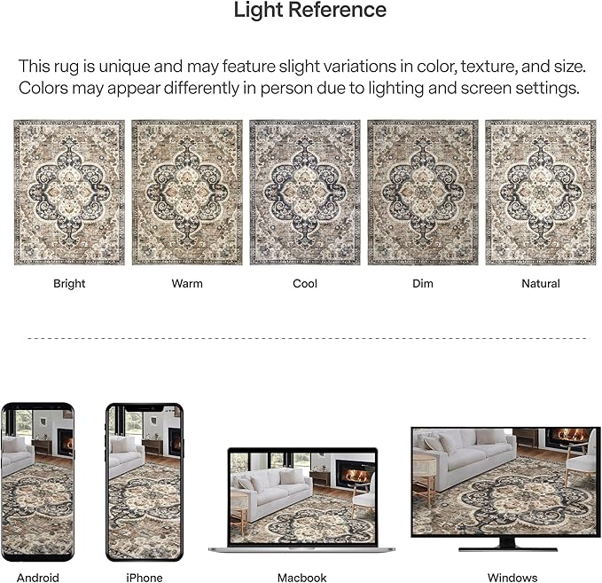 ReaLife Rugs Machine Washable Area Rug - Living Room Bedroom Bathroom Kitchen Entryway Office - Padded Low Pile Stain Resistant Premium - Boho Farmhouse Vintage - Joy - Brown Beige 4' x 6'