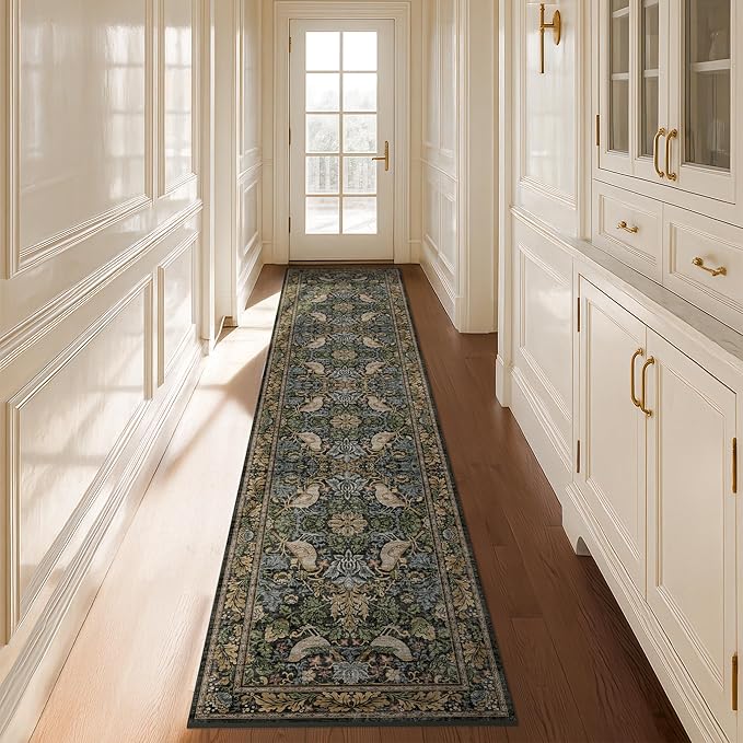 8ft Long Floral Kitchen Runners - 2x8 Runner Rug for Hallway Bathroom Laundry Room Bedroom Beside Bed Entryway, Boho Birds Leaves Patterned Non Slip Low Pile Washable Rugs