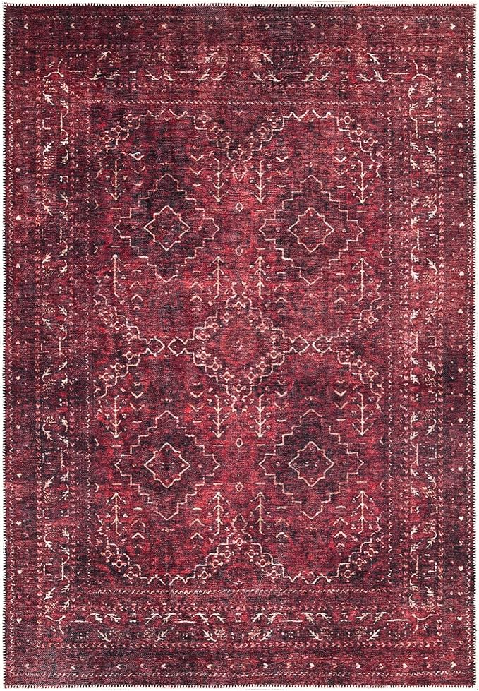 Bloom Rugs Washable Non-Slip 8' x 10' Rug - Dark Red Traditional Bordered Area Rug for Living Room, Bedroom, Dining Room, and Kitchen - Exact Size: 8' x 10'