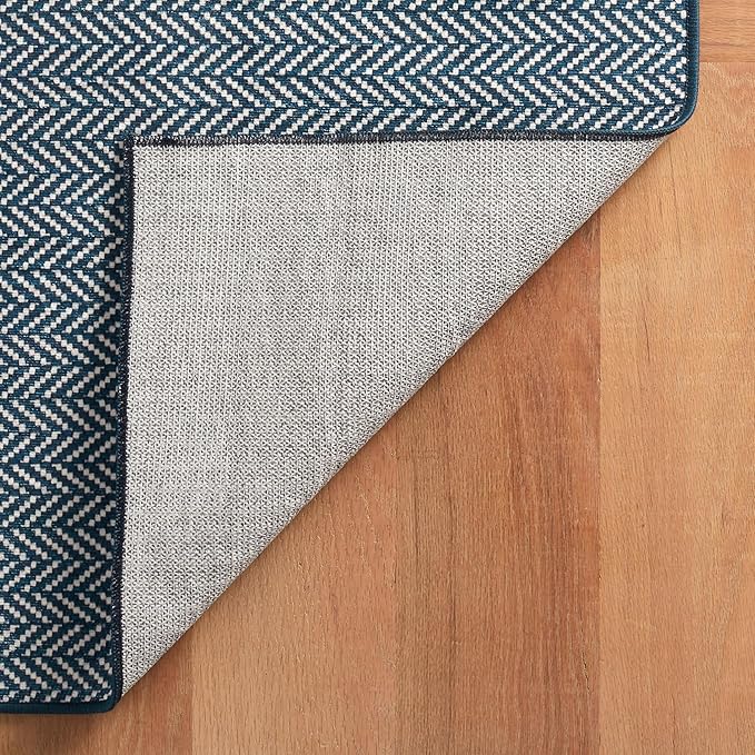 Dash & Albert Herringbone Navy Machine Washable Rug, 7.5 X 9.5 Feet, Blue Geometric Pattern