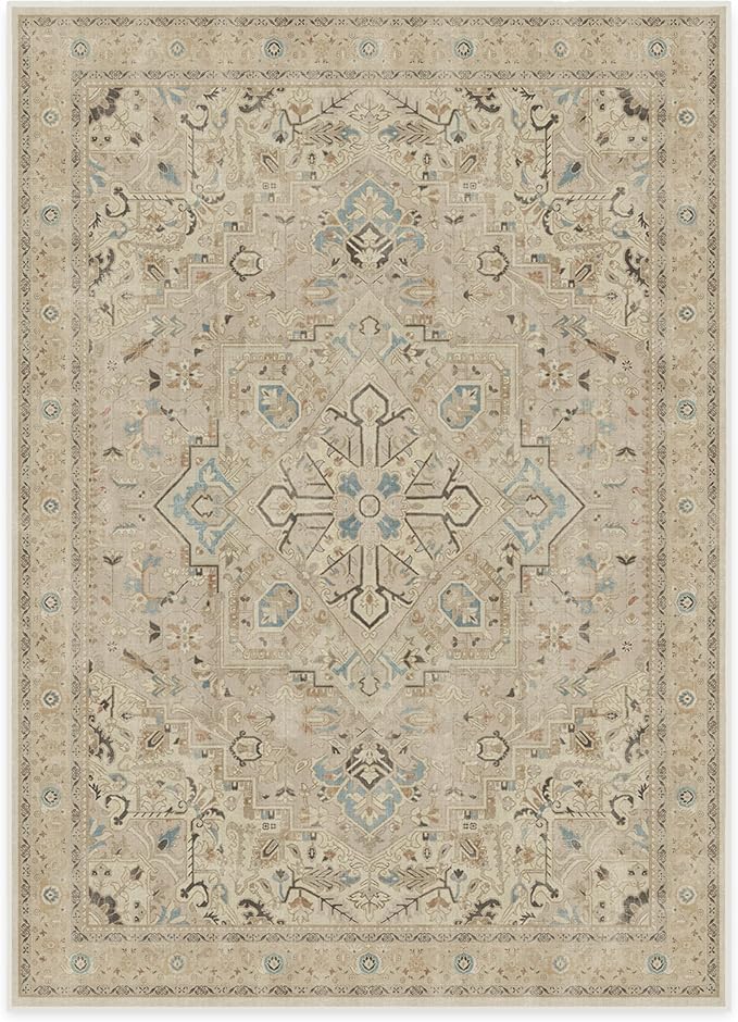 RUGGABLE Washable Vintage Area Rug – Kamran Ivory Opal 10x14, Stain-Resistant, Non-Slip – Large Machine Washable Rugs for Living Room, Bedroom, Hallway, Entryway & Office–with Standard Pad