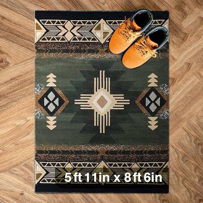 YHSF South West Native American Area Rug C318 - Easy Clean, Thick, Soft, Durable Native Tribal American Indian Inspired Rug for Bedroom/Living Room and More - Sage Green, 5 ft 11 in x 8 ft 6 in