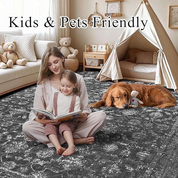 Washable Area Rug 6x9 Black Rugs for Living Room, Vintage Boho Large Rug for Bedroom Dining Room Office, Distressed Floral Print Carpet for Under Table, Soft Non Slip Low Pile Throw Carpet Indoor Mat