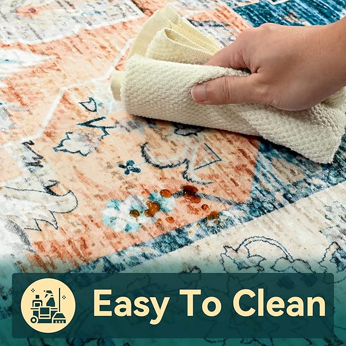 YJ.GWL Area Rugs for Living Room 8x10 Machine Washable Rugs, Non Slip Floral Vintage Rug Indoor Carpet, Stain Resistant Large Rug for Bedroom Dining Room, Dark Blue