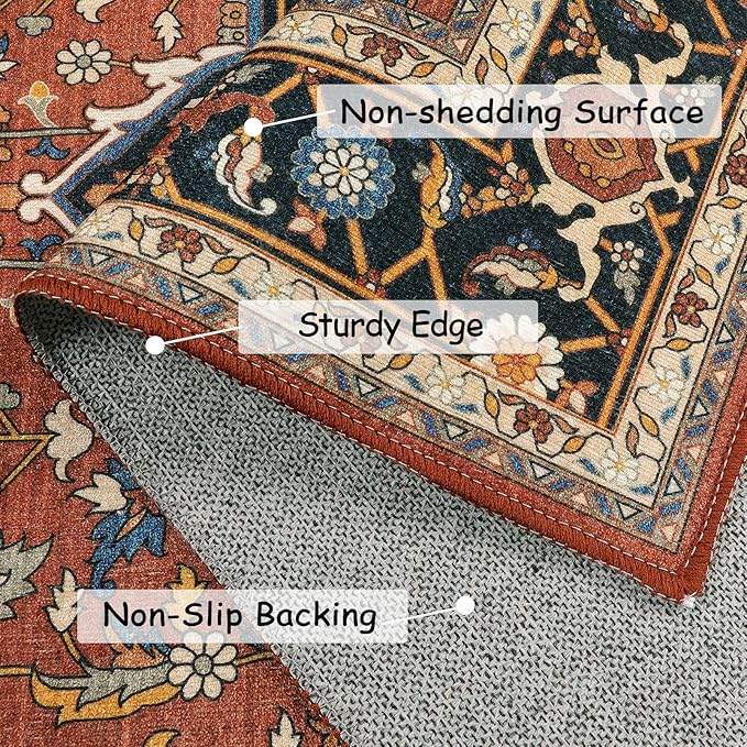 Moynesa Ultra-Thin Washable Oriental Area Rug - 5x7 Large Living Room Rug, Non-Slip Non-Shedding Stain Resistance Low Pile Playroom Mat Indoor Floor Carpet for Bedroom Nursery, Brown/Multi