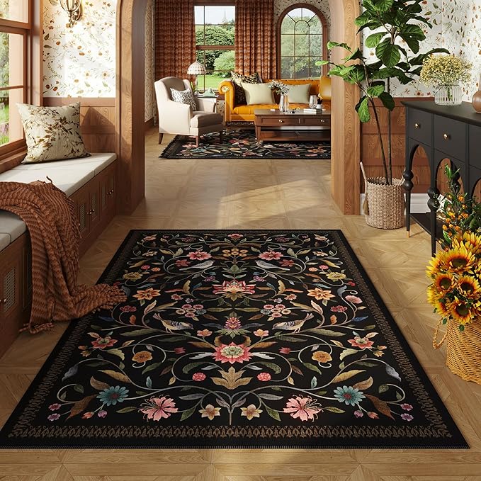 Vintage Medallion Floral 3x5 Washable Rug, Soft Low Pile Area Rug, Non-Slip Carpet for Bedside, Bedroom, Bathroom, Entryway, Kitchen, Office, Kids/Girls Room | Black
