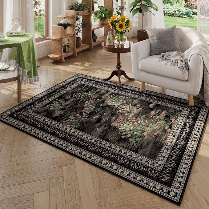 Rugcomf 4x6 Rug for Bedroom Impressionist-Style Vintage Washable Rugs Non Slip Low Pile Small Carpet for Bedside Kids Room Office Dining Room, Black