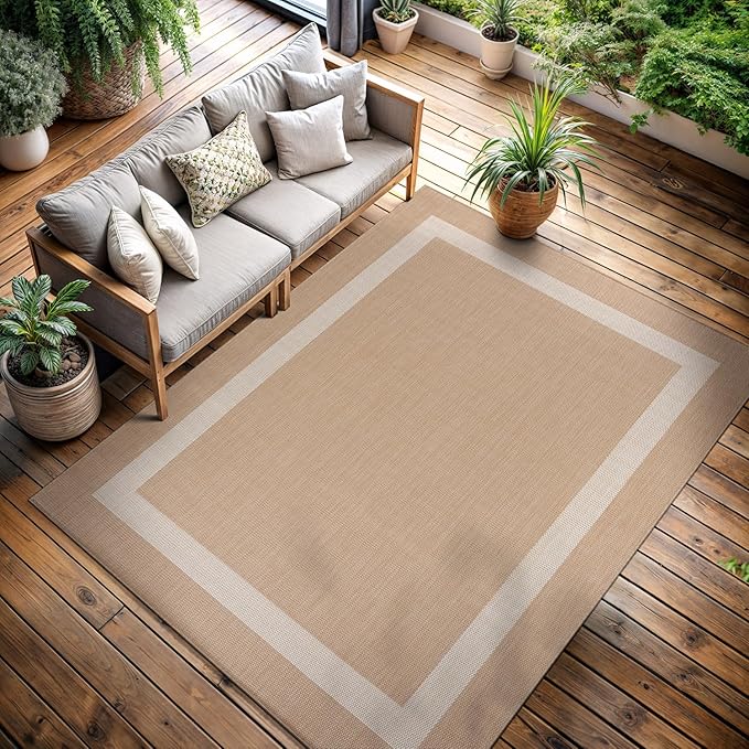 CAMILSON Outdoor Rug 5x7, Modern Outside Rugs for Patios Porches Waterproof Durable Washable Non-Shedding, Easy-to-Clean Indoor Outdoor Area Carpet (5 x 7, Bordered - Beige/White)
