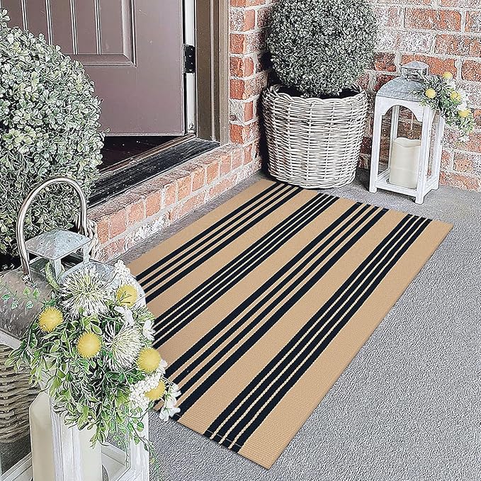 KOZYFLY Striped Front Door Mat 27.5x43 Inches Brown and Black Front Door Rug Cotton Washable Indoor Outdoor Rug Doormats Outdoor Small Striped Area Rugs for Kitchen Entryway Front Porch