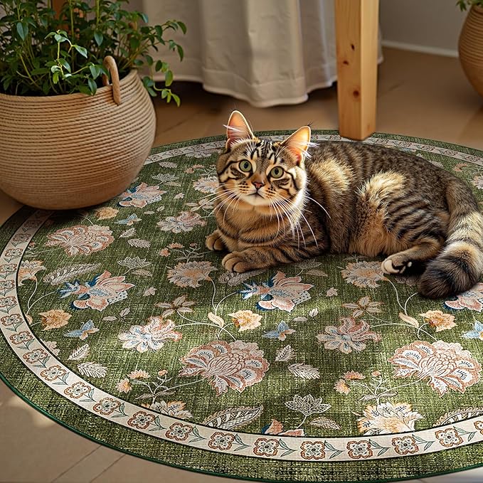 jinchan Elora 5ft Floral Round Rug for Entryway Washable Kitchen Rug Vintage Romance Design Non Slip Indoor Doormat Lightweight Low-Profile Throw Carpet for Living Room Dining Room Bedroom, Green