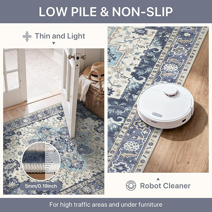 Area Rug 2x3 Doormat, Machine Washable Low Pile Vintage Rugs, Small Lightweight Rug Entryway Indoor Mat for Entrance, Hallway, Kitchen and Corridor, Center Blue