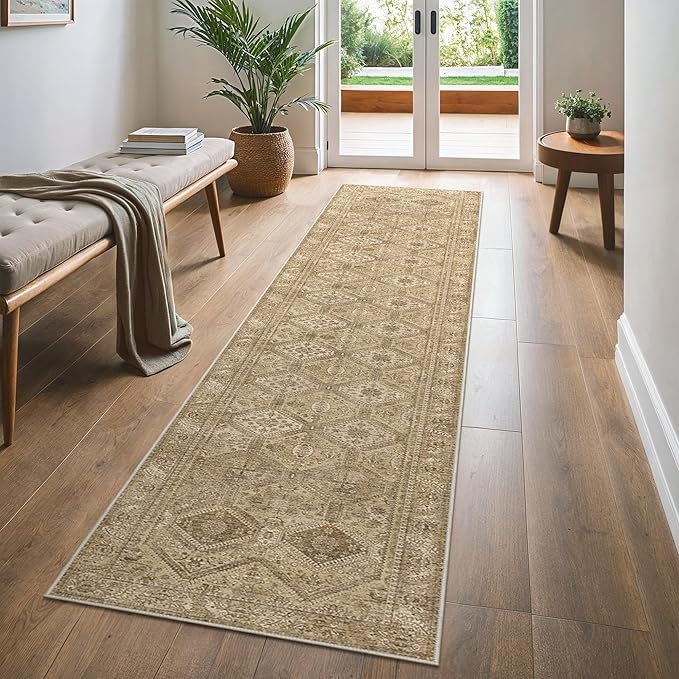 Bavni 2x10 Runner Rug Non Slip, Machine Washable Rug Runners for Hallways, Vintage Distressed Print Kitchen Runner, Low Pile Lightweight Carpet for Entryway Laundry Bedroom Bathroom Nut Brown
