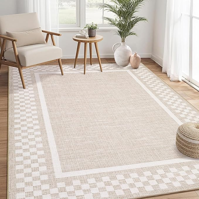 GarveeHome Washable Area Rug 4x6 Small Living Room Rugs Modern Bordered Soft Dining Room Throw Carpet Low Pile Non Slip Checkered Bedroom Rug Geometric Carpet for Nursery Kitchen Home Office, Beige