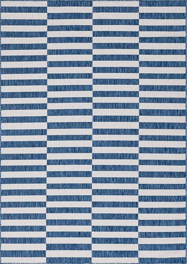 Unique Loom Outdoor Collection Classic Stripes, Transitional Indoor & Outdoor Area Rug, (8' 0 x 11' 0, Navy Blue/ Ivory