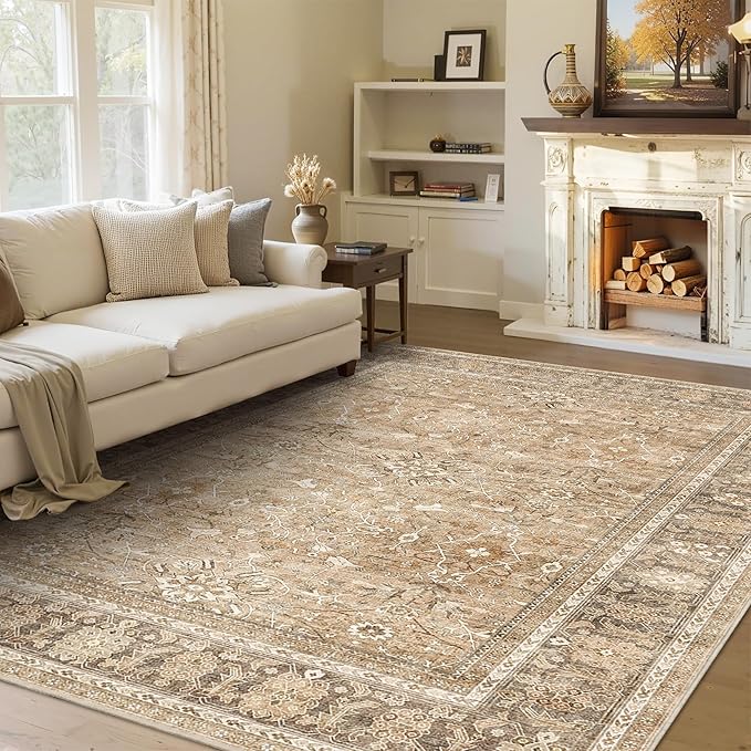 HelloTree Washable Rugs 6x9 Area Rug for Living Room, Vintage Boho Khaki Rug Non Slip Carpet Retro Accent Indoor Mat Print Distressed Low Pile Throw Large Rug for Office Bedside-Khaki