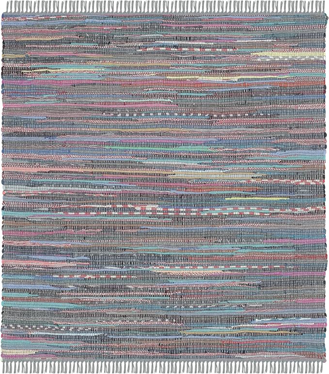 SAFAVIEH Rag Rug Collection Area Rug - 4' Square, Aqua & Multi, Handmade Boho Stripe Cotton, Ideal for High Traffic Areas in Living Room, Bedroom (RAR121K)