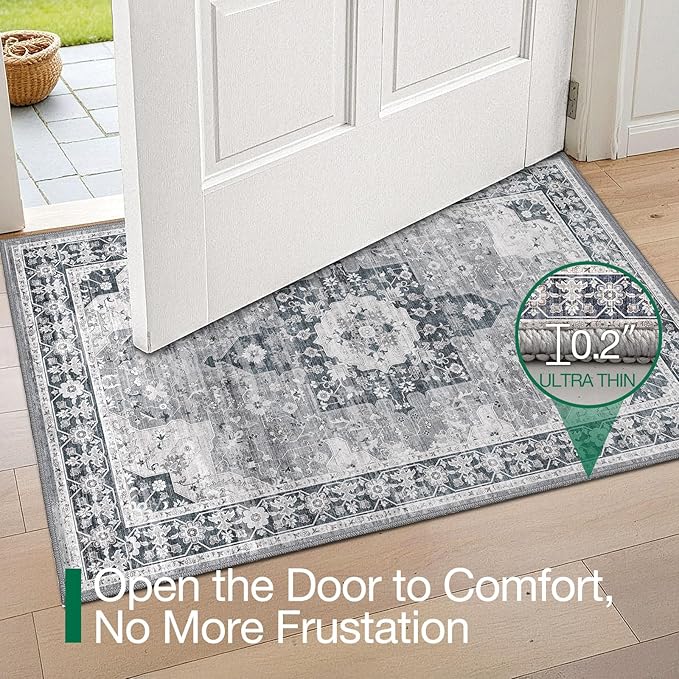 LUMI Indoor Thin Door Mat, 24x36 Washable Small Inside Doormat, Non Slip Low Pile Oriental Floor Carpet, Vintage Distressed Area Rug for Front Door,Entrance,Bedroom, Blue