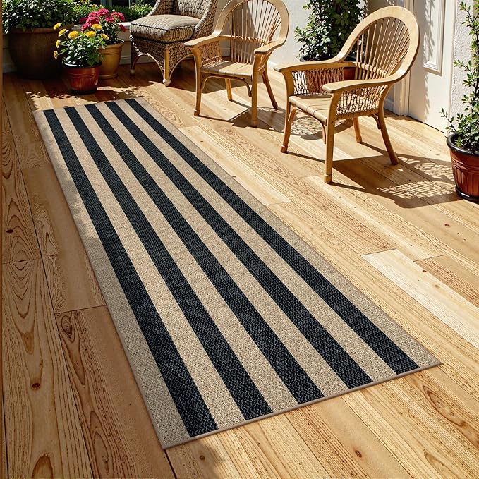Lahome Striped Easy Jute Kitchen Runner, 2x8 Washable Runner Rug for Hallway Entryway, Farmhouse Non Slip Non Shedding Black Indoor Outdoor Carpet for Entry Porch