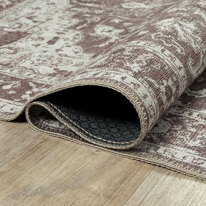 Bloom Rugs Washable Non-Slip 10 ft Runner - Dark Brown Traditional Medallion Runner for Entryway, Hallway, Bathroom, and Kitchen - Exact Size: 2.5' x 10'