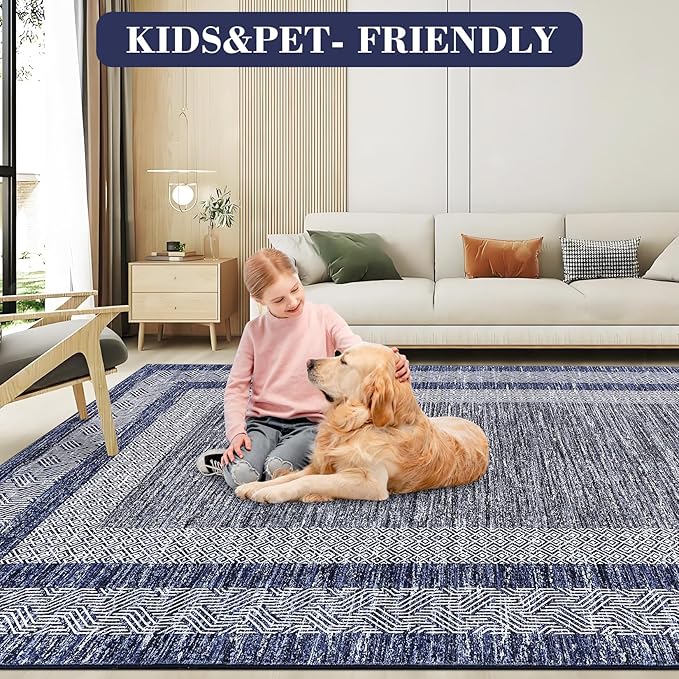 GarveeHome Modern Geometric Area Rug 5x7 Distressed Bordered Rug Washable Non Slip Floor Carpet Non Shedding Thin Rug, Soft Low Pile Rug, Contemporary Blue Rug for Dining Room, Living Room