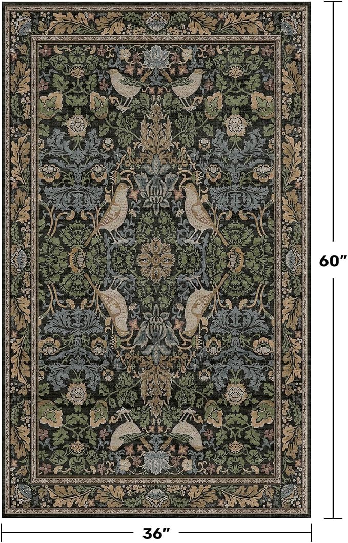 Large Entryway Rugs Indoor - 3x5 Washable Rugs for Kitchen Bedroom Beside Bed Door Mat Indoor Entrance with Moody Woodland Flowers, Non Slip Stain Resistant Low Pile