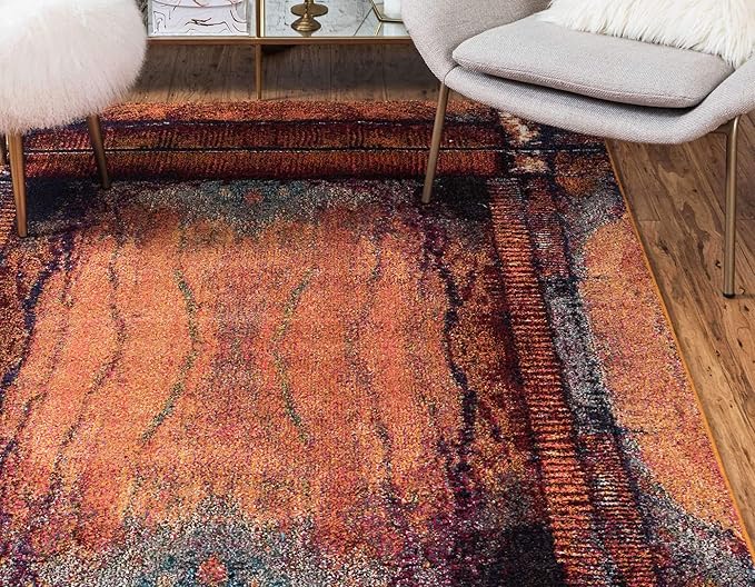 Unique Loom Estrella Collection Rustic, Distressed, Modern, Abstract Area Rug (7' 0 x 10' 0 Rectangular, Orange/Black)