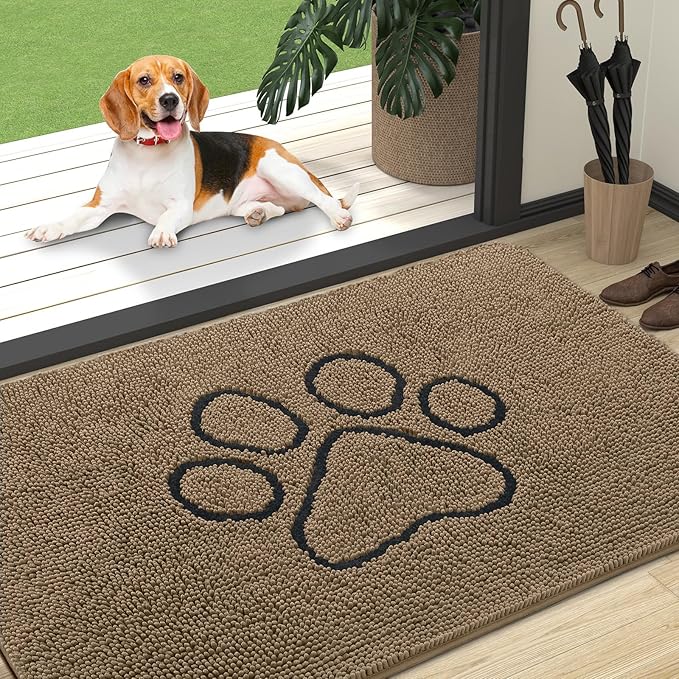OLANLY Dog Door Mat for Muddy Paws 47x32, Paw Print Design, Absorbs Moisture and Dirt, Absorbent Non-Slip Washable Doormat, Quick Dry Chenille Mud Mat for Dogs, Entry Indoor Entryway Carpet, Tan