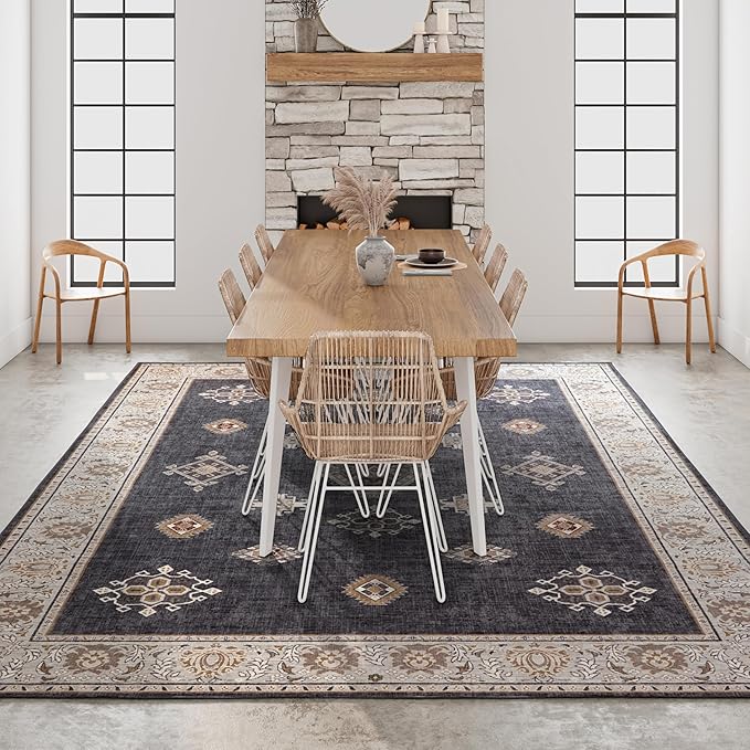 ILANGO Washable Area Rugs 5x7 for Living Room Vintage Area Rugs Non Slip Boho Dining Room Rugs for Under Table Ultra-Thin Low-plie Floor Carpet for Bedroom Farmhouse