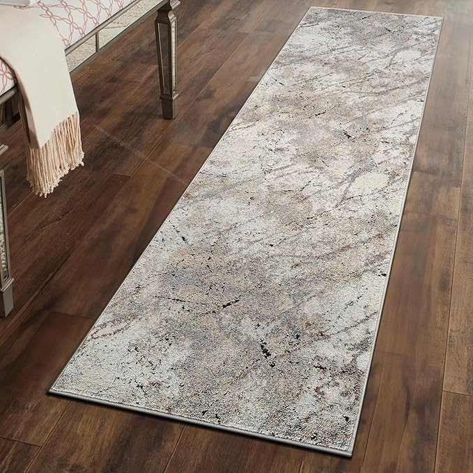 Rugshop Drifted Marble Abstract Area Rug Durable, Kid & Pet Friendly Gray, Ivory, Neutral Tones 2' 3" x 6' Runner Ideal for Hallway, Kitchen, Entryway, or Behind The Sofa