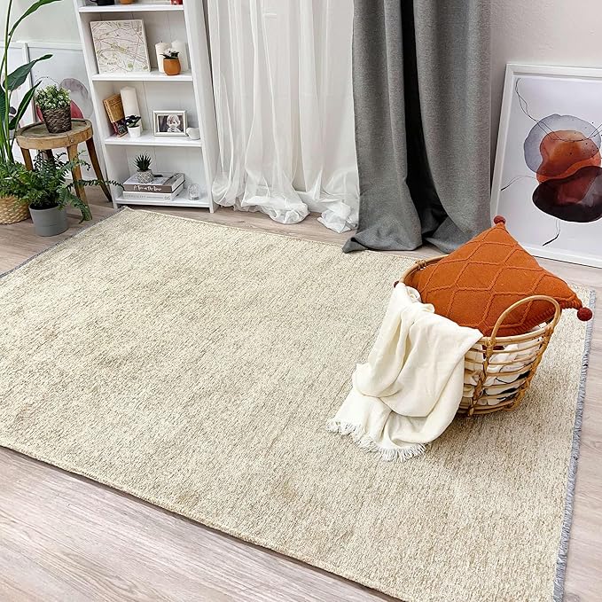 Alfa Rich 4x6 Sand Beige Washable Area Rugs for Living Room Bedroom Kitchen Cotton Runner Decor Rug