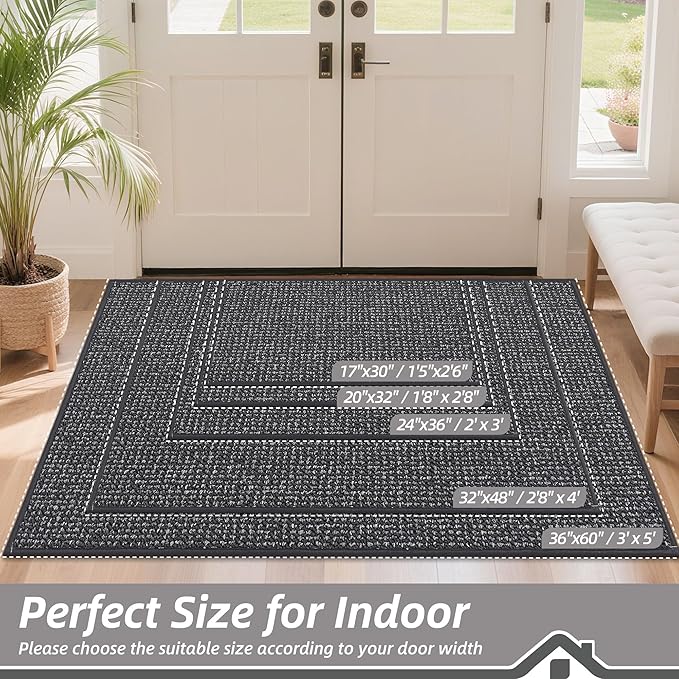 BEQHAUSE Dirt Trapper Door Mat 24" x 36", Non-Slip Washable Doormats Entrance Mat, Dirt Resistant and Absorbent Welcome Mat, Low Profile Floor Mats for Front Back Door and Entryway, Charcoal