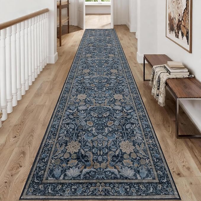 Washable Runner Rug 2x12: Vintage Boho Floral Carpet Runners for Hallway Entryway Non-Slip - Soft Botanical Low Pile Thin Mat for Kitchen Bathroom Bedroom Laundry Floor Decor - Slate Blue