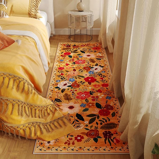 Rugcomf Runner Rug for Hallways Kitchen Rug Non Slip 2'6''x8' Washable Runner Rugs with Rubber Backing Soft Floral Carpet Runner for Hallways, Kitchen, Laundry, Bedroom, Bathroom(Yellow)