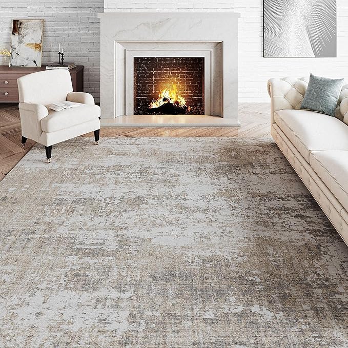 Modern Abstract Beige Gray Area Rug 5x7 Machine Washable Large Carpet Neutral Kitchen Indoor Accent Throw Low Pile Non Slip Distressed Living Dining Room Bedroom Office