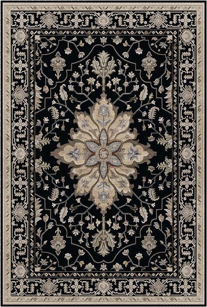 Area Rugs Square 6ft Washable Non-Slip, Floral Vintage Distress Print Pattern Medallion Carpet for Living Room Bedroom Dining Room, Black Brown Neutral Dark Tan
