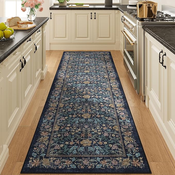 DUKINO 2.6x8 Runner Rug for Hallway, Washable Vintage Floral Kitchen Rug with Non Slip Backing, Soft Low Pile Throw Carpet Runner for Kitchen, Laundry, Hallway, Bathroom, Dark Blue