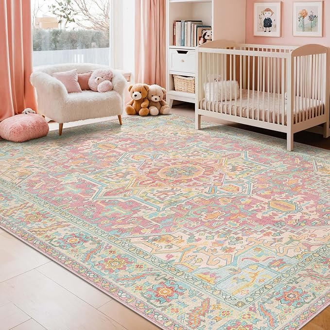 Kokia 9x12 Washable Area Rugs Blossom Pink with Vintage Orient Design, Soft Rug for Living Room or Bedroom, Non-Slip Low Pile Stain Resistance Features, Distressed Medallion Pattern