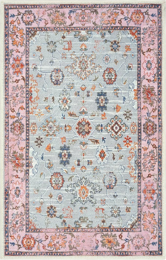 GLN Rugs Traditional Collection - Machine Washable Area Rug, Traditional Washable, Non Slip, Low Pile Chenille Rug, Living Room, Bedroom, Kitchen Rug (2' x 3' Pink/Blue/Multicolor)