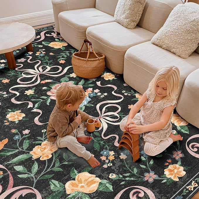 Black Rug Bow Floral Rug for Girls, 5x7 Washable Area Rugs for Bedroom Living Room, Kitchen,Dining Room,Kids Room,Playroom, Cute Ultra-Thin Non Slip Low Pile Indoor Carpet