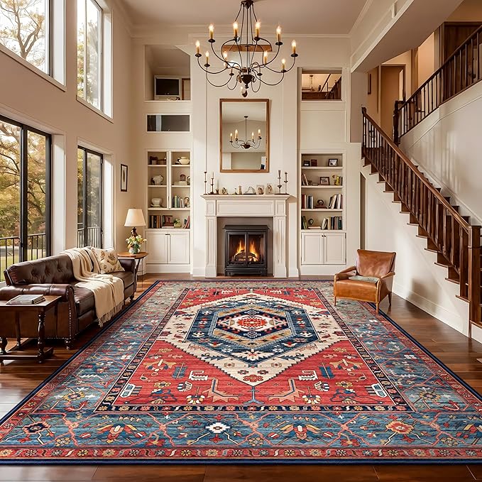 SERISSA Washable Rugs 9x12 Area Rugs, Large Non-Slip Boho Living Room Rust Rug, Ultra Soft Vintage Print Distressed Oriental Tribal Farmhouse Carpet for Dining Room Bedroom Dorm Office Home Decor