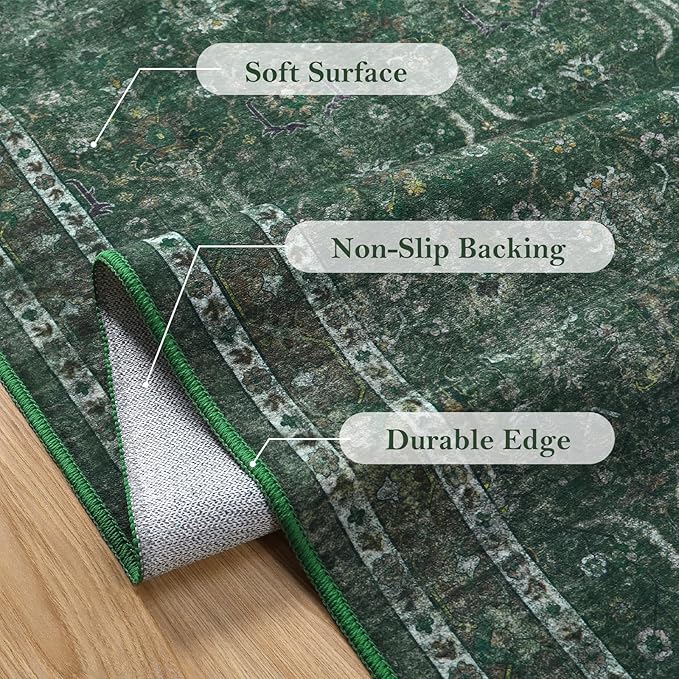 Moynesa Vintage Washable Green Rugs for Living Room 5x7, Retro Area Rug for Bedroom Dining Room Kitchen, Low Pile Soft Non-Slip Accent Carpets for Office Indoor Nursery