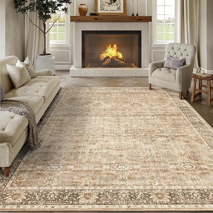 6x9 Beige Washable Rug for Living Room Large Vintage Distressed Bedroom Rug Low Pile Non-Slip Soft Boho Carpets for Bedroom Dining Room Home Office Indoor Nursery