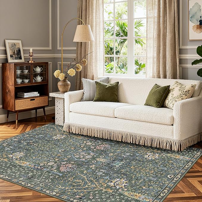 Kokia Boho Vintage Floral Area Rugs, Washable Oriental Botanical Rugs for Living Room, Bedroom, Dining Room, Office, Soft Indoor Area Rug, Sage Green，6x9