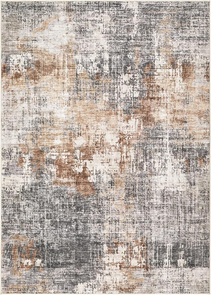 Area Rug Living Room Rugs - 9x12 Washable Large Soft Indoor Neutral Modern Abstract Low Pile Rug Carpet for Bedroom Dining Room Farmhouse Home Office - Grey Brown